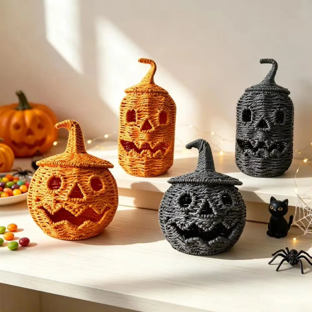 lanterne halloween citrouille tressée visage sculpté orange noire résine mat