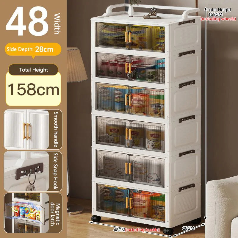 meuble rangement pliable blanc roulettes portes poignées dorées vêtements