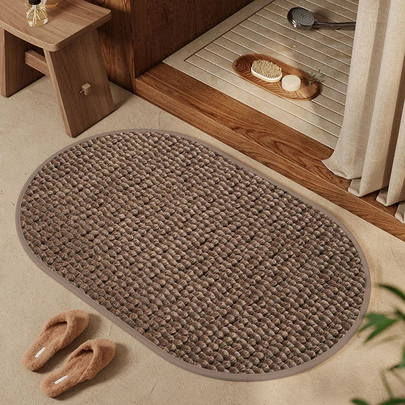 tapis bain antidérapant résistant décoloration texture boule coton moderne beige marron ovale carré polyester