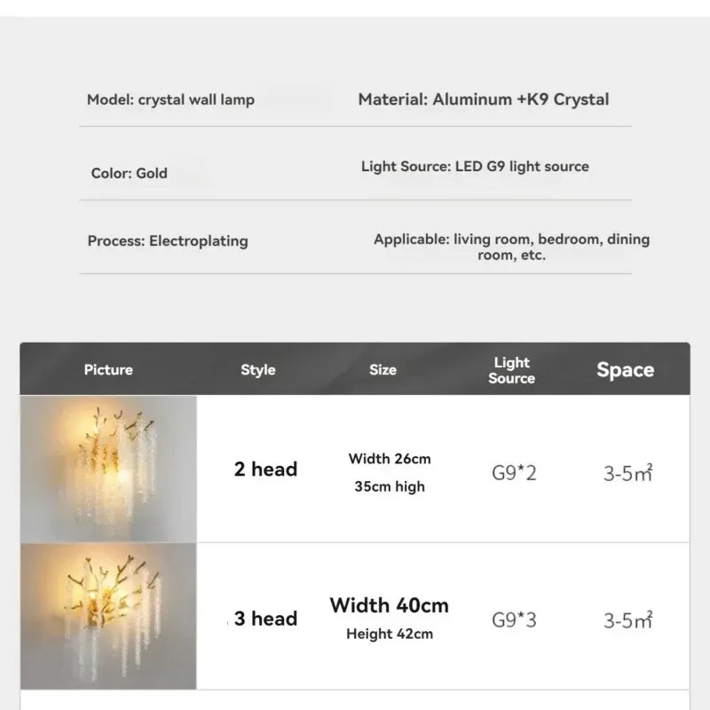 lampe murale moderne or branches cristal transparentes chambre salon led aluminium
