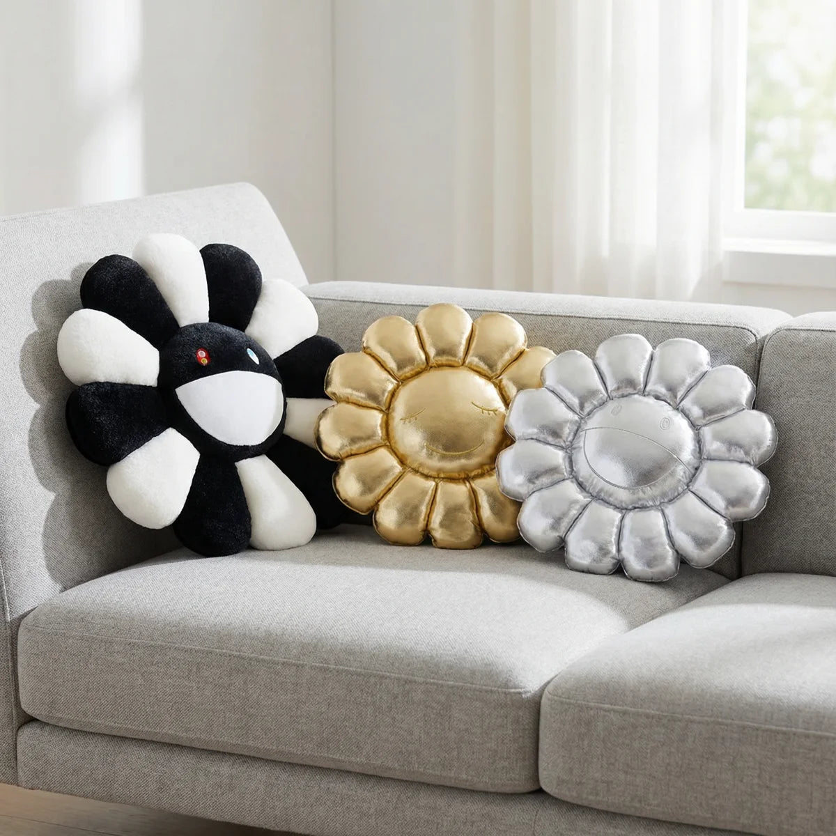 coussin fleuri moderne noir blanc doré argenté coton polyester lavable salon