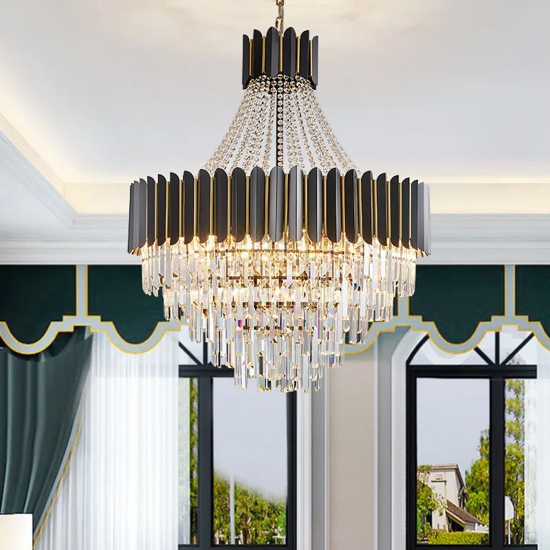 lustre led moderne élégant cristal noir doré transparent salon restaurant