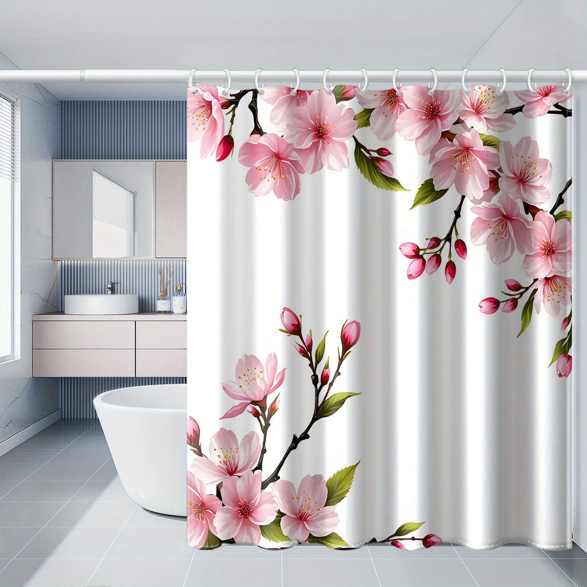 rideau douche polyester fleurs cerisier moderne blanc rose feuilles opaques machine wash anneaux métalliques