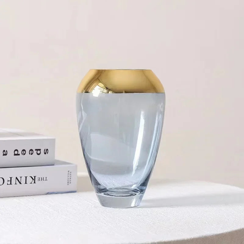 vase transparent moderne fleurs artificielles bleu doré élégant bouche vase 10cm largeur 16cm hauteur
