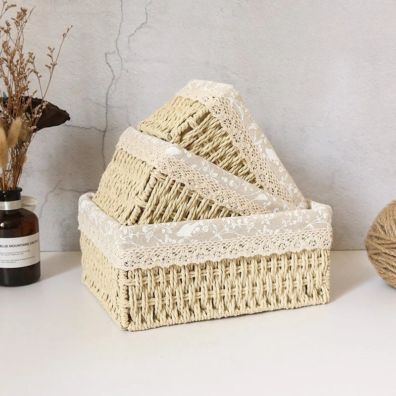 paniers rangement tissu dentelle beige rustique boho chic set trois tailles différentes
