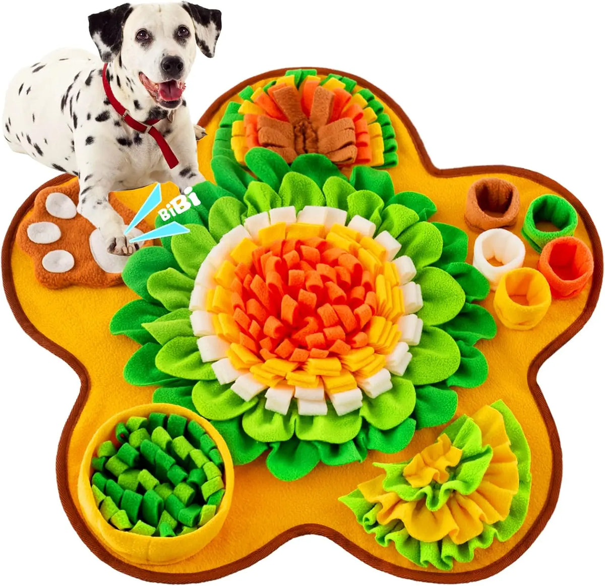 jouet interactif chien fleurs motifs géométriques orange vert blanc marron clair non slip