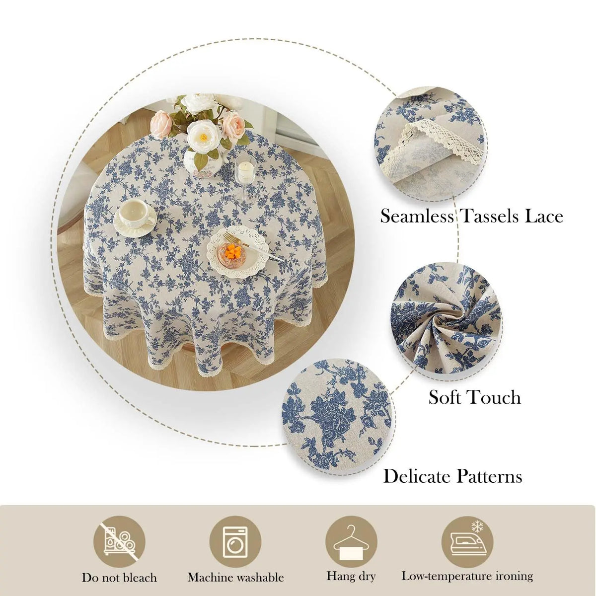 nappe ronde fleur bleue motif floral rustique franges table beige