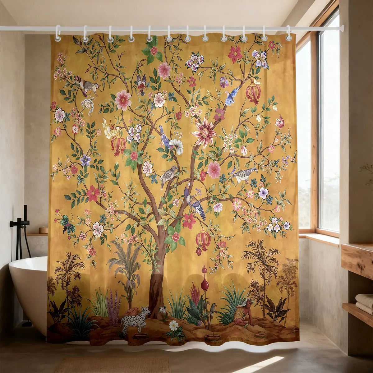 rideau douche arbor floral oiseaux couleurs vives opaques anneaux salle bain