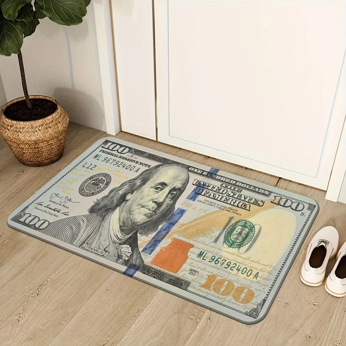 tapis billets 100 dollars blanc vert bleu noir imperméable résistant intérieur chambre cuisine porte
