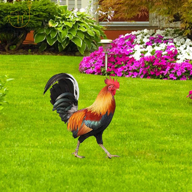 décoration jardin coq rouge orange plumes rustique extérieur résistant intempéries
