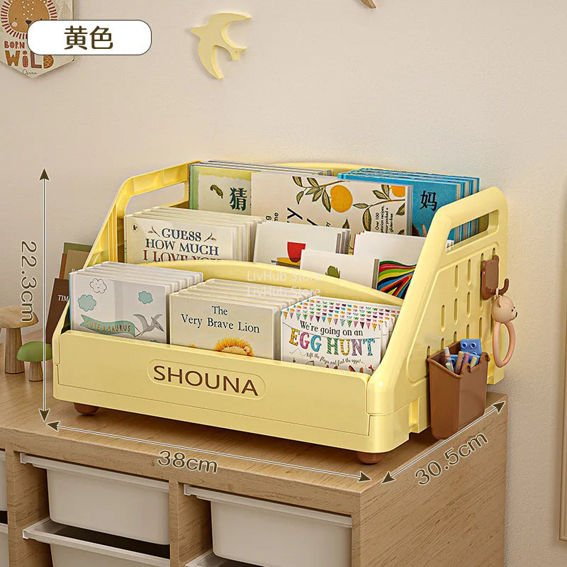 support livres blanc jaune moderne poignées compartiments livres support jouets transparent assemblage chambre enfant