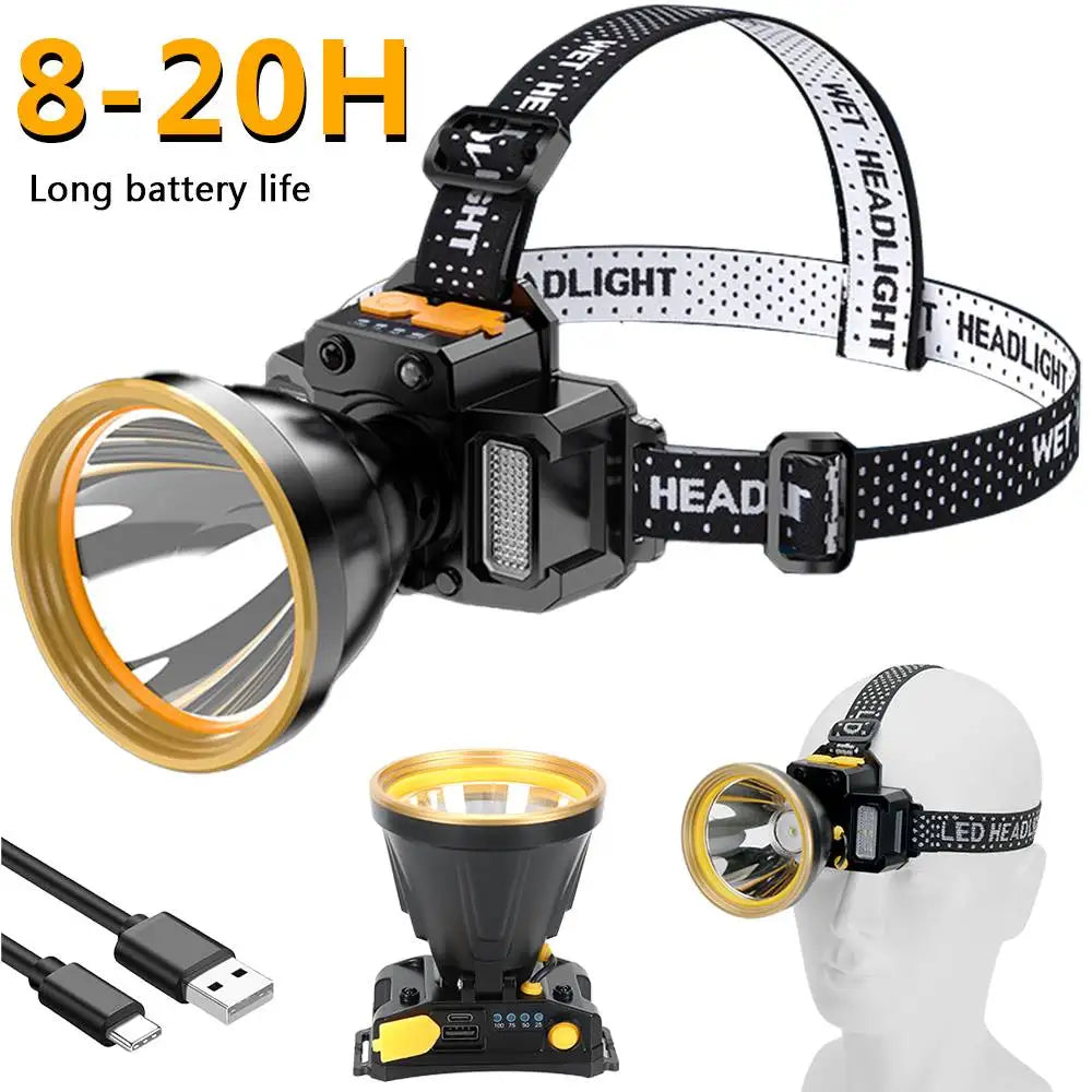 lampe frontale led rechargeable bande élastique réglable mode camping pêche chasse lumière blanche jaune