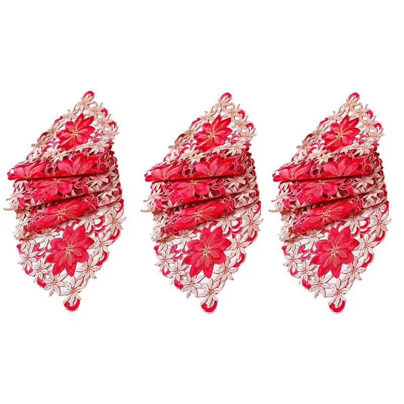 chemin table brodé noël fleurs poinsettia rouge blanc festif voile table runner decoration festive