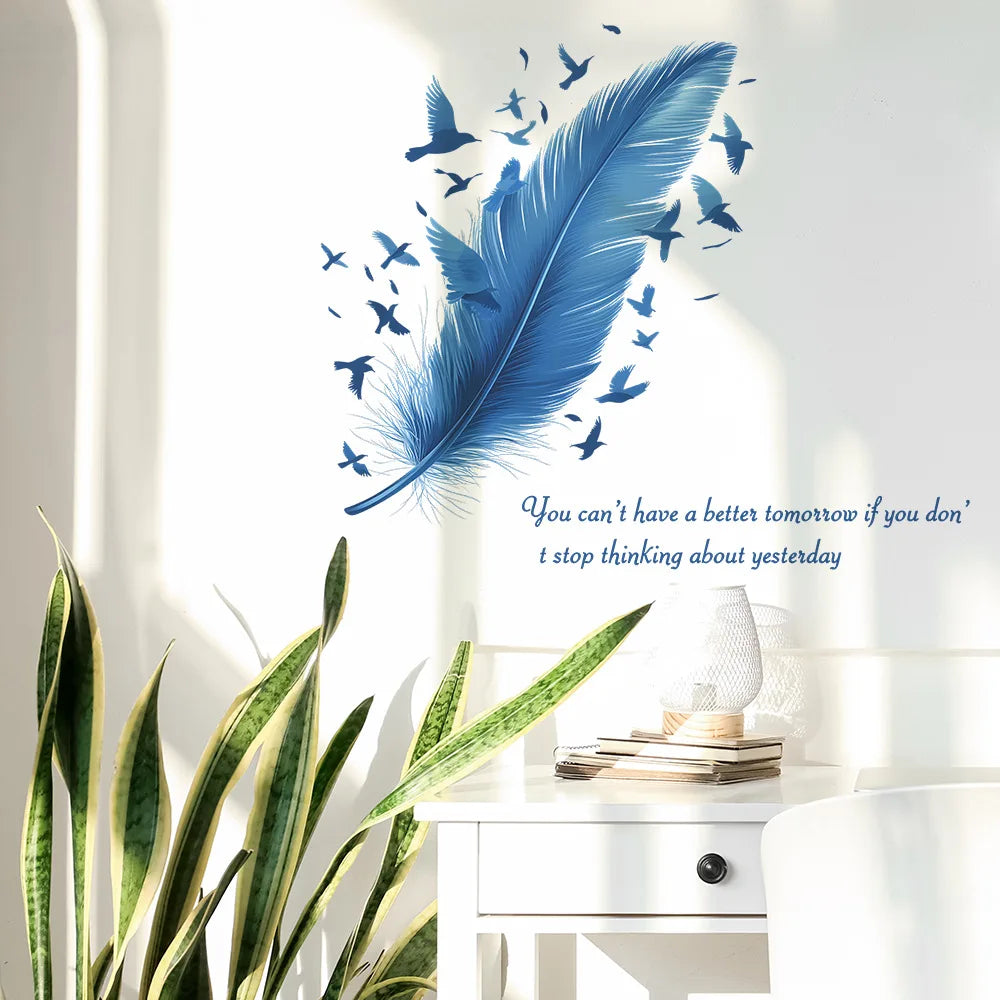 sticker mural moderne plumes oiseaux volant bleu adhésif résistant eau dimension 65x53 cm chambre