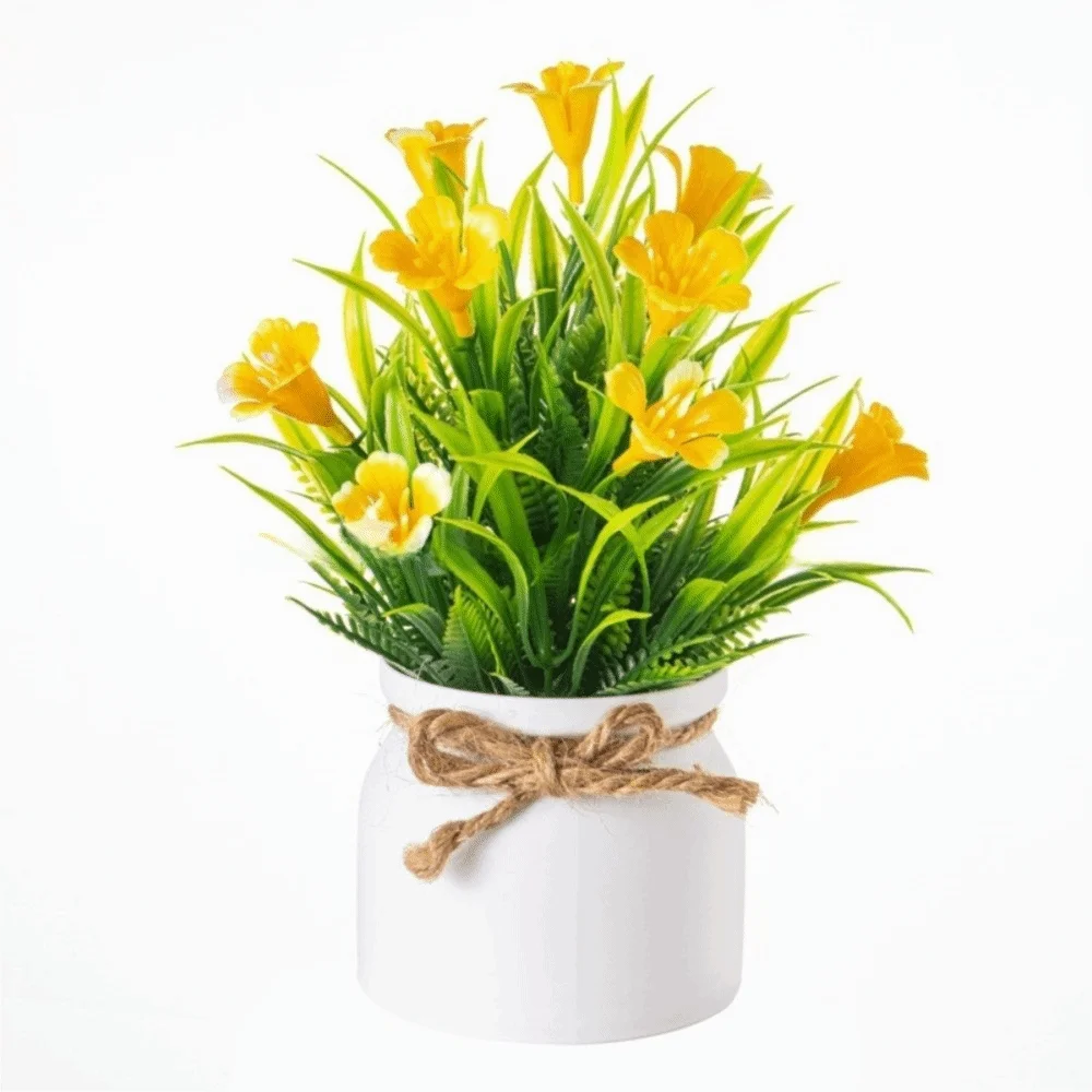 bouquet artificiel fleurs modernes ruban jute accroché extérieur exposition anniversaire orange blanc rose violet