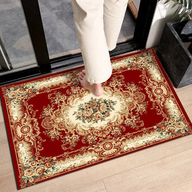 tapis sol classique motif fleurs baroque gris bleu rouge décoration maison vintage