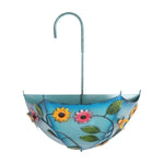 pots fleurs suspendus parapluies couleurs jaune bleu rose décorations florales motifs feuilles libellule rustique