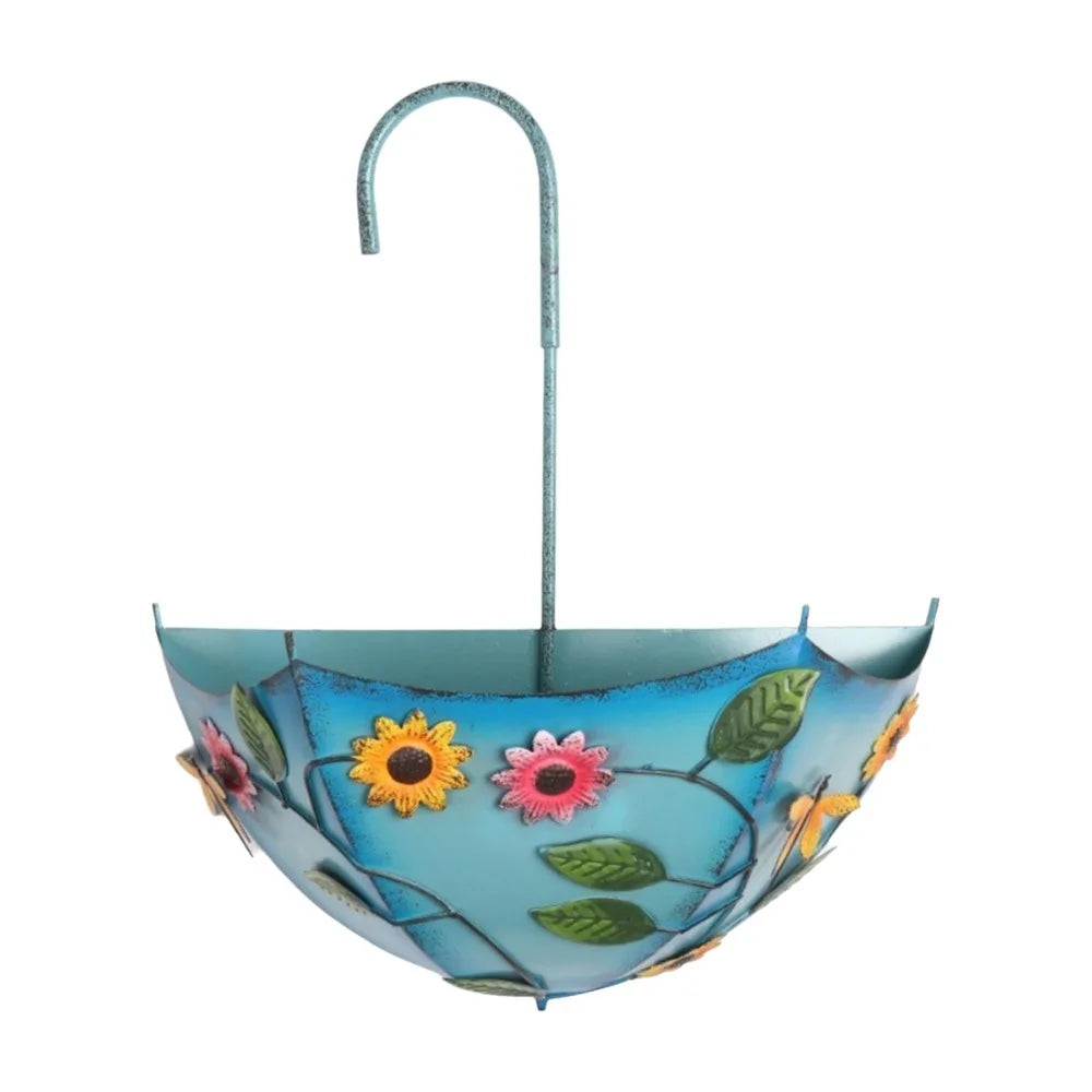 pots fleurs suspendus parapluies couleurs jaune bleu rose décorations florales motifs feuilles libellule rustique