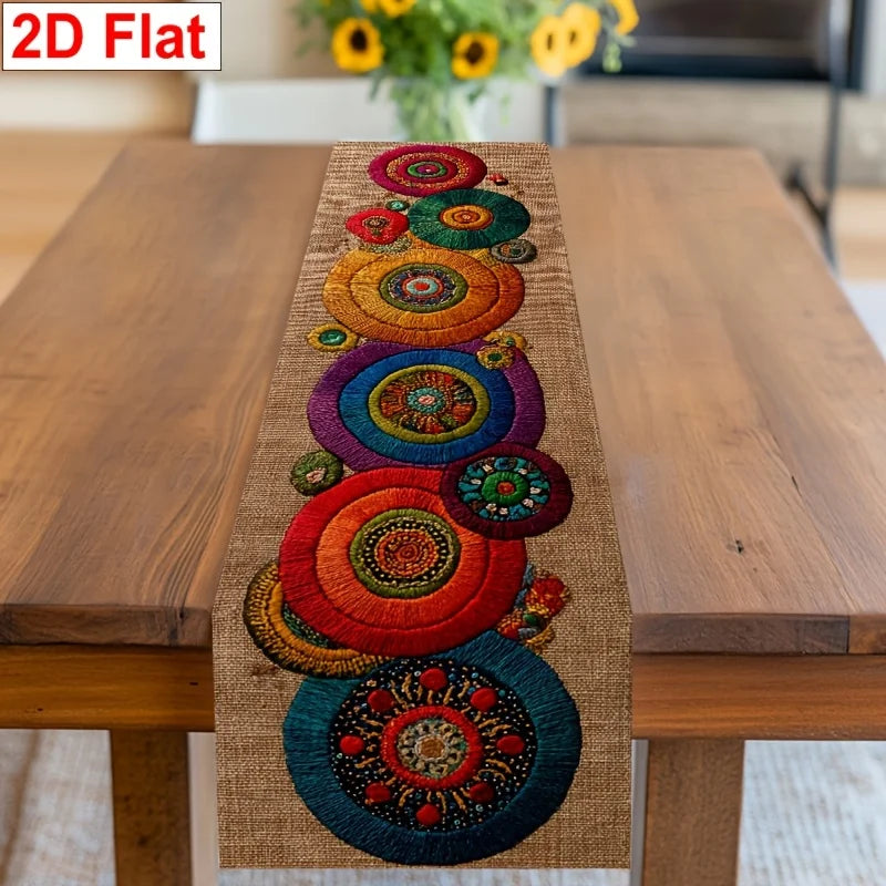 champagne bohème chemin table lin motifs circulaires multicolore festif ethnique