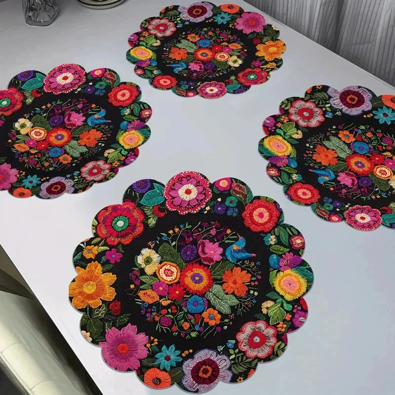 serviettes table noir multicolore floral traditionnel brodées 38x38cm opaques table manger