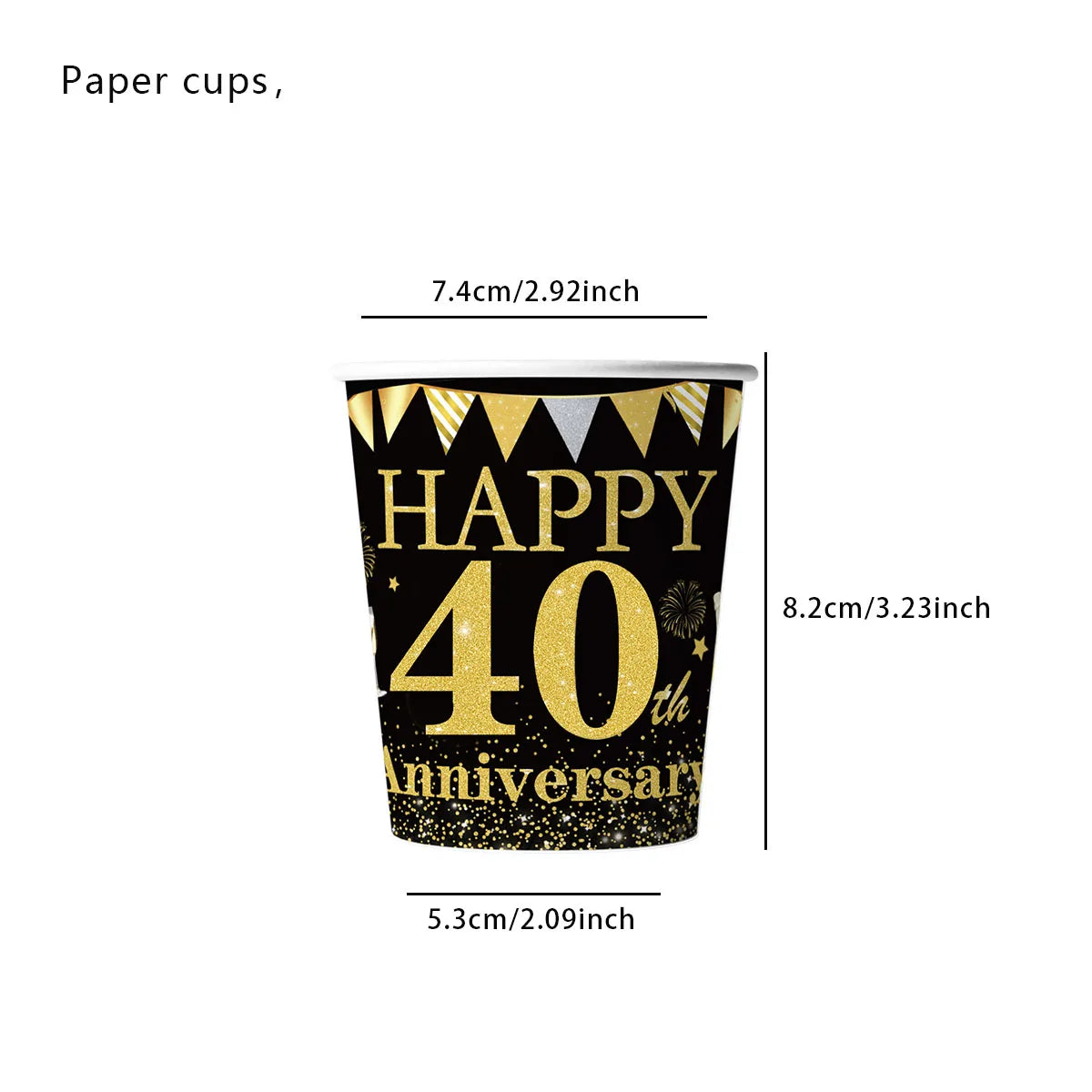 tasses papier jetables anniversaire happy birthday doré noir
