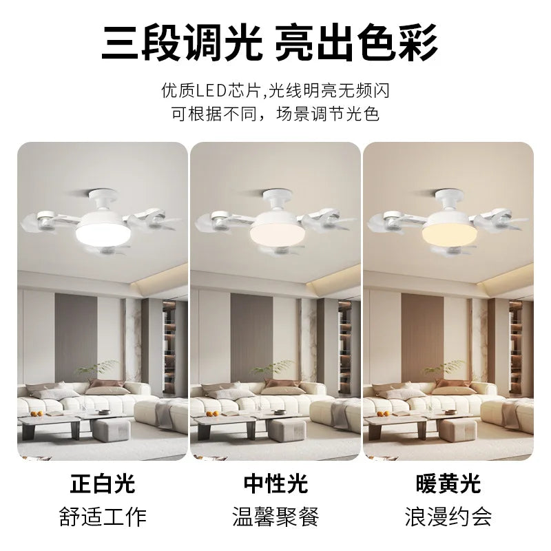 ventilateur moderne lampe led drone forme blanc minimaliste pales lisses e27