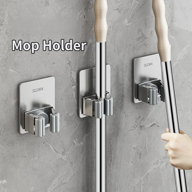 porte mop argenté support mural adhésif modernes rangement cuisine salle bain móc éponge minimaliste