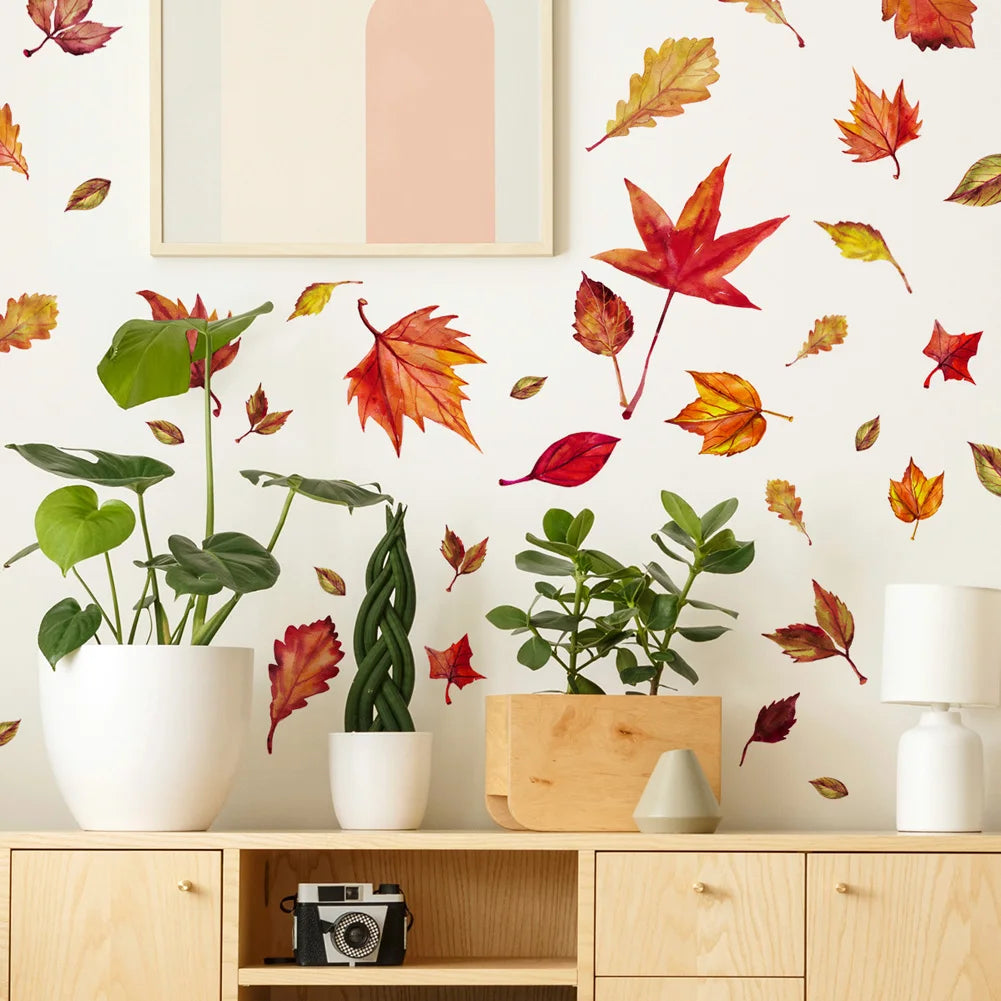 sticker mural feuilles automne adhésif moderne rouge orange vert chambre salon decoration