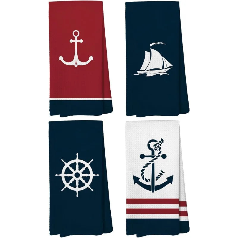 serviettes cuisine marin motifs ancre voilier bleu rouge blanc dobby clips mural rapide absorbant