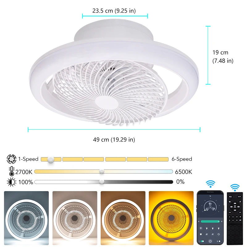 ventilateur moderne lumière led blanc lames noires six vitesses télécommande