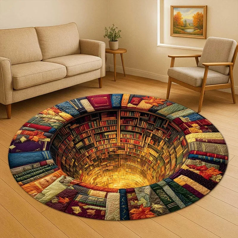 tapis rond illusion optique bibliothèque 3d moderne multicolore salon chambre decoration