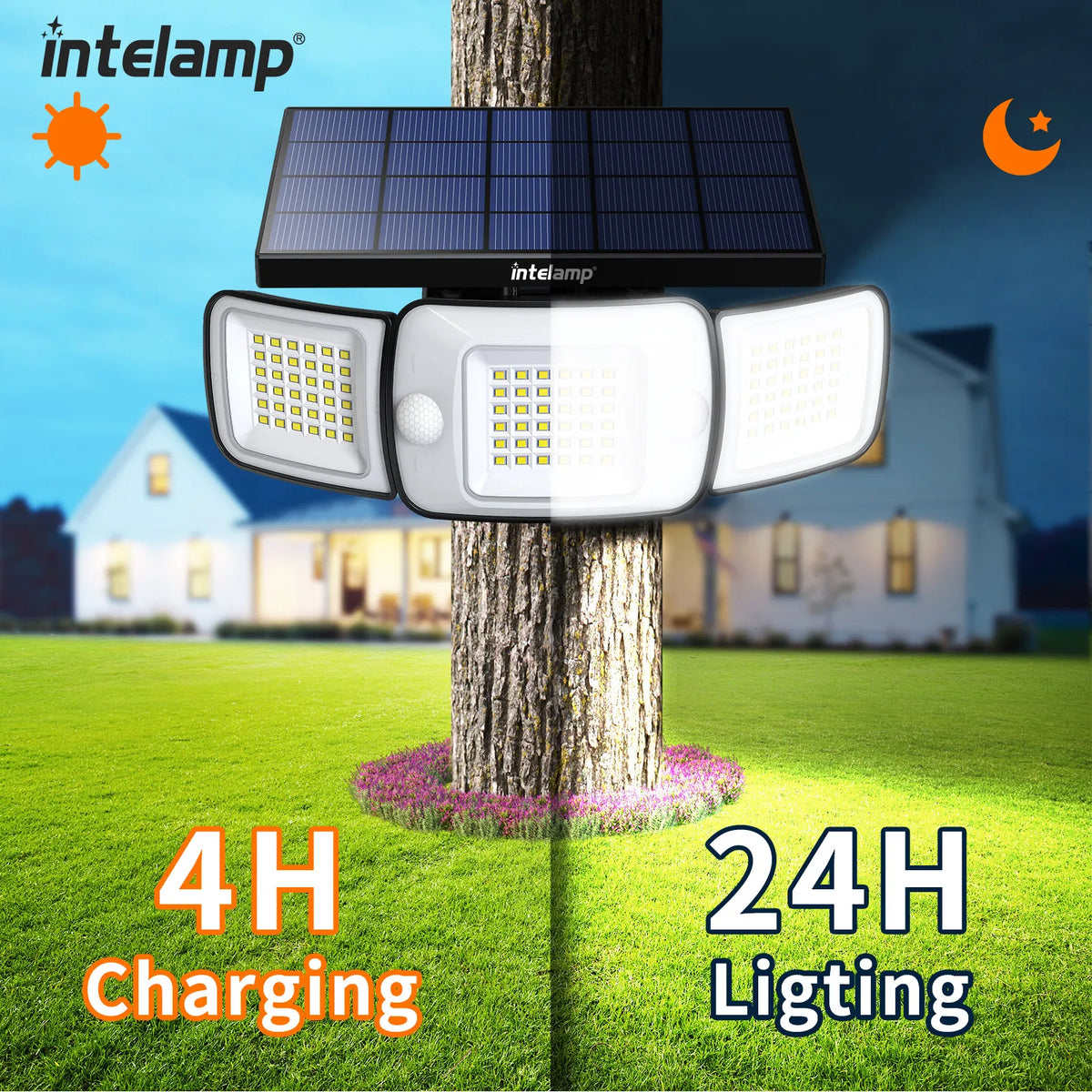 lampe solaire moderne panneaux solaires bleus deux capteurs mouvement ip65 led jaunes autonomes