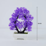 plante artificielle bonsaï pot violet vert rose feuilles fines mousse verte décoration intérieure extérieure