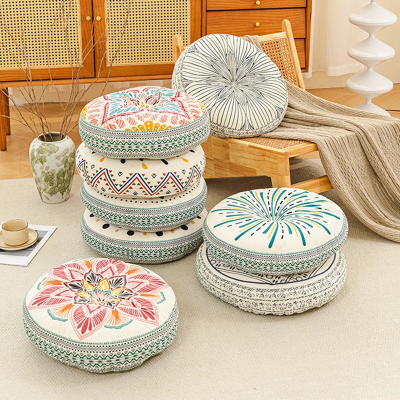 coussin rond boho chic motifs floraux géométriques antidérapant polyester blanc bleu