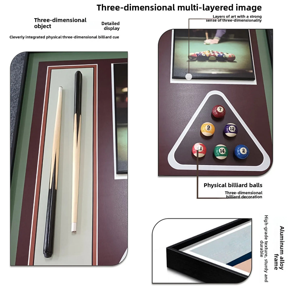 peinture physique 3d queue billard boules vert noir blanc doré moderne cadre aluminium traditionnelle