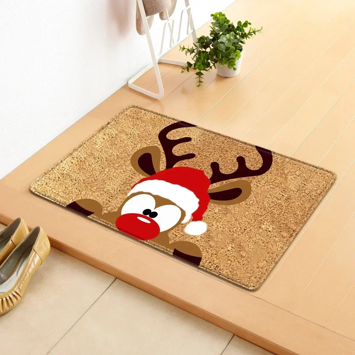 tapis d'entrée noël rennes lutins chaussettes flocons marron rouge blanc vert