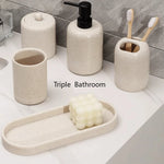ensemble salle bain moderne beige clair plateau gobelet trousse coton flacon savon brosse dents