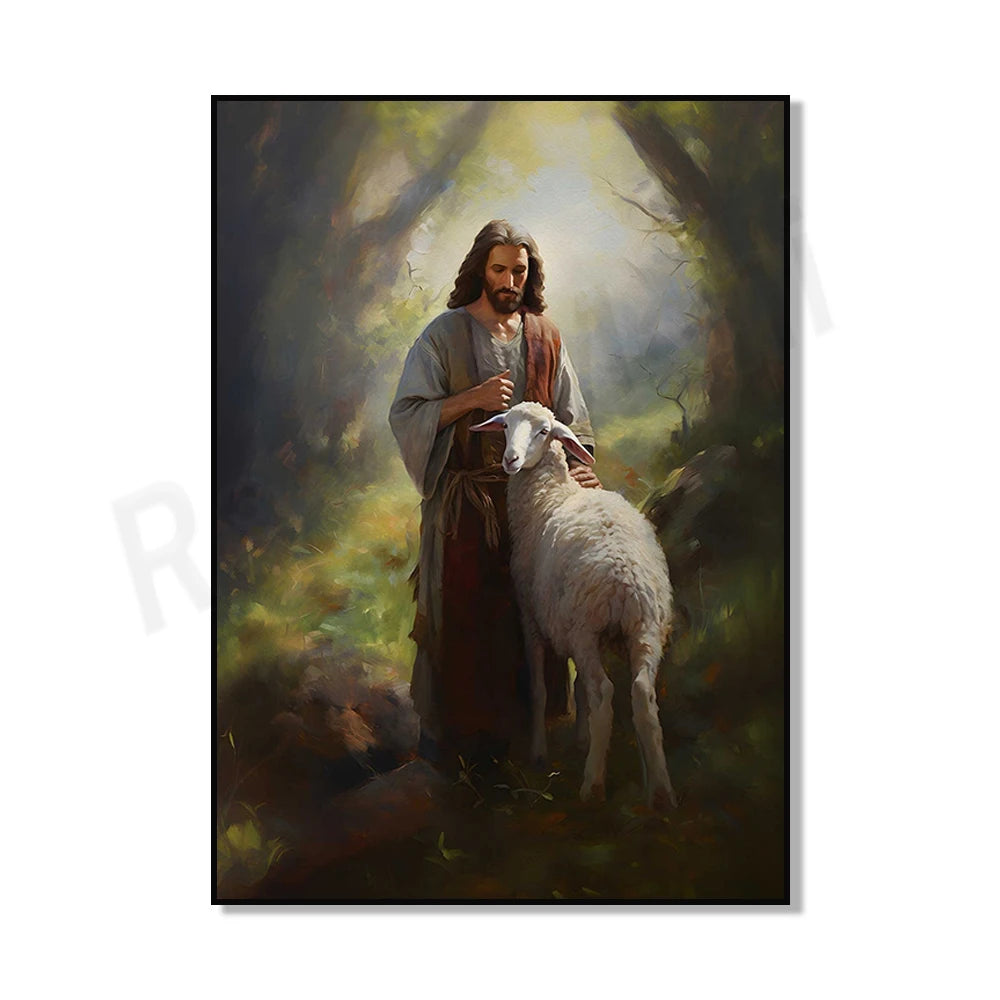 L'homme barbu, habillé d'un long vêtement, marche dans une forêt et caresse une brebis blanche à ses côtés.