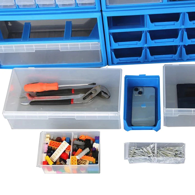 boîte rangement modulaire bleu noire transparentes pratiques moderne outils lego clous