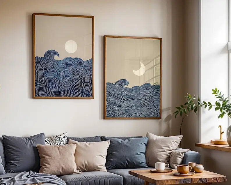 affiches modernes minimalistes abstraites lune ondes stylisées beige bleu marine blanc sans cadre