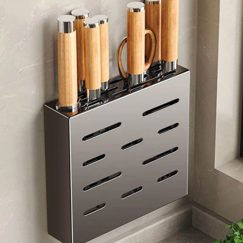 Porte-couteaux mural sans perforation en métal gris clair
