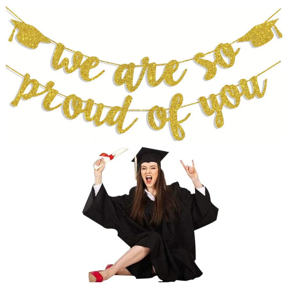 guirlande décorative graduation rose pailleté or pailleté lettres calligraphiées chapeaux diplômés paillettes apparentes festivité