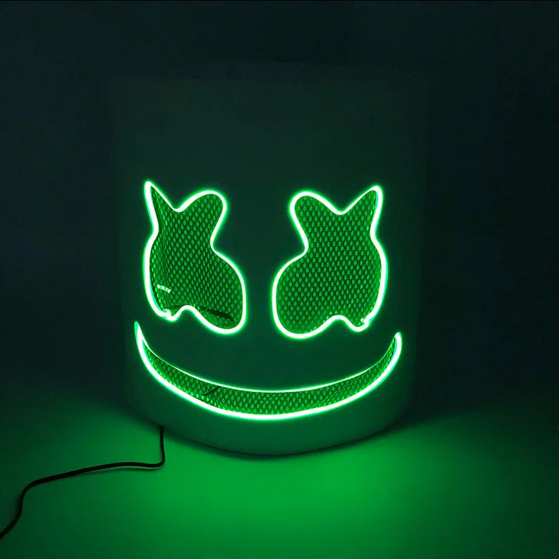 masque lumineux cosplay marshmello blanc noir souriant oreilles lapin texturé moderne câble électrique