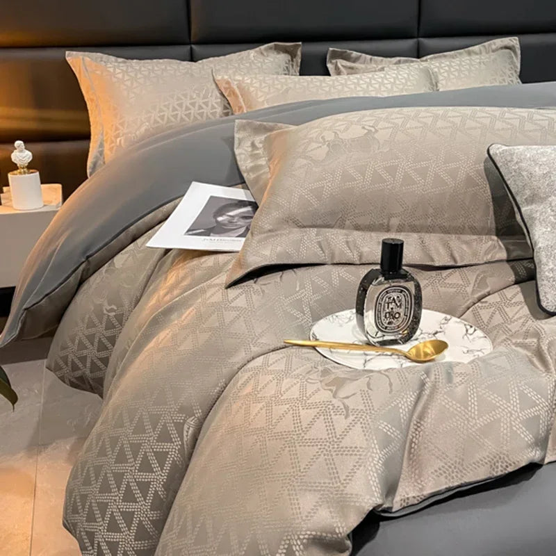 housse couette jacquard brodée ensemble pièces lit double gris clair contemporain fixations opaques microfibre
