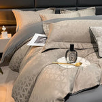housse couette jacquard brodée ensemble pièces lit double gris clair contemporain fixations opaques microfibre