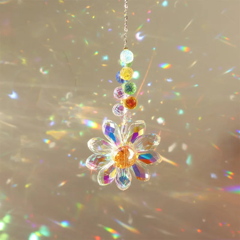 décorateur moderne élégant fleur cristal multicolore transparent irisé crochets métalliques six fleurs
