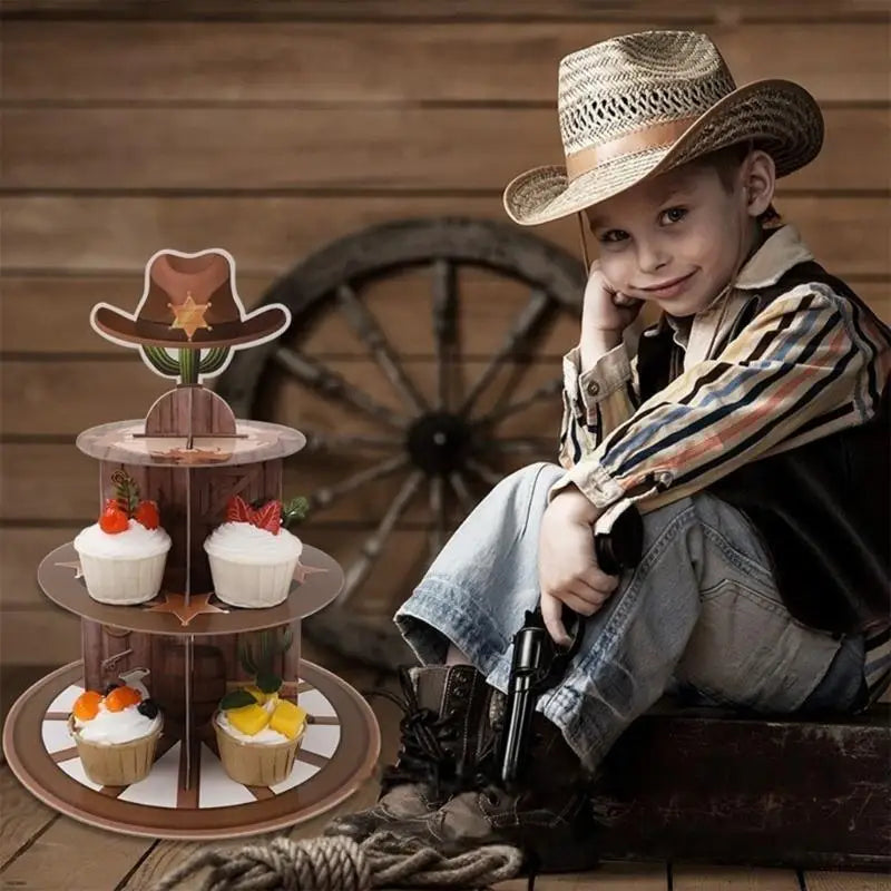 présentoir cupcakes western cow boy cactus étoile crâne chapeau bois roulettes anniversaire prénatale marron