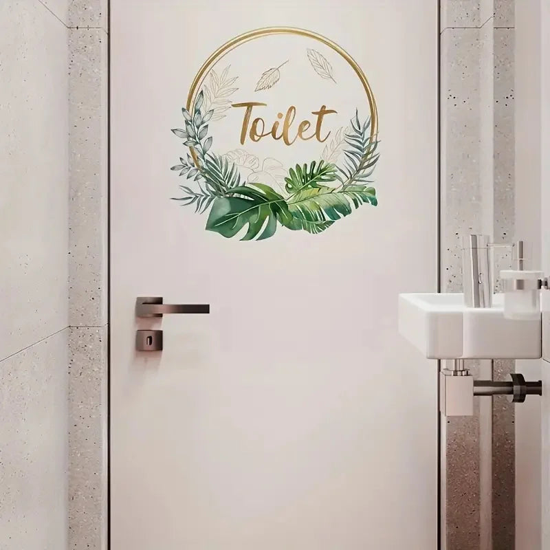 autocollant mural moderne feuilles tropicales adhésif amovible porte salle bain vert doré blanc