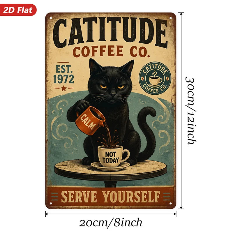 plaque métallique vintage illustration chat noir tasses catitude coffee co serve yourself decoration intérieure