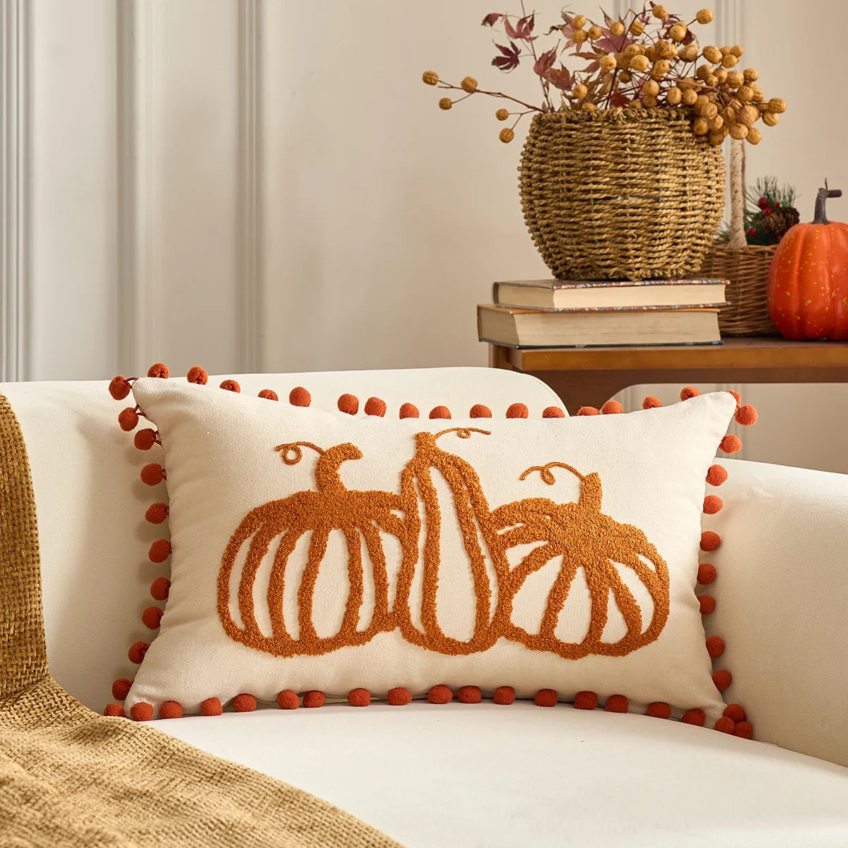 housse coussin brodée citrouille motif automne rustique tassel adhésif décoration maison nordique polyester coton